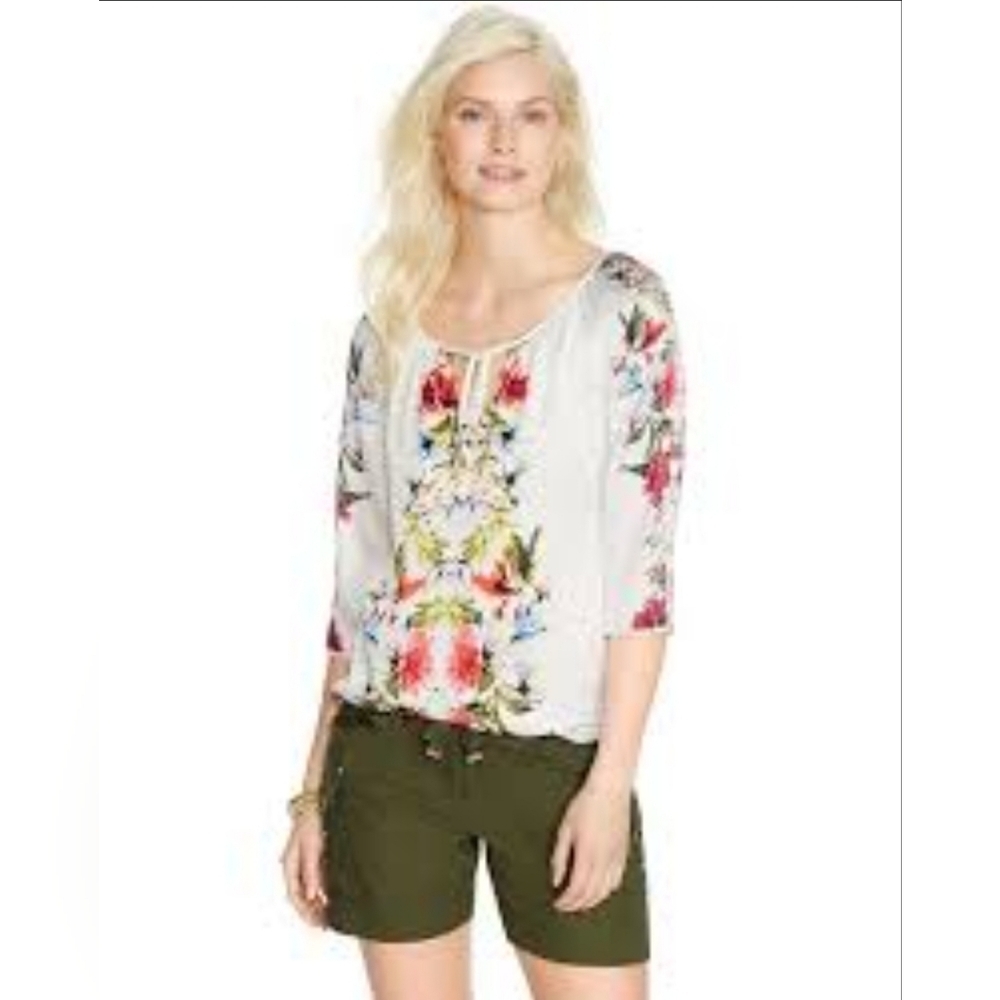 WHBM Tropical Floral Peasant Blouse Keyhole Neck Sz XS
